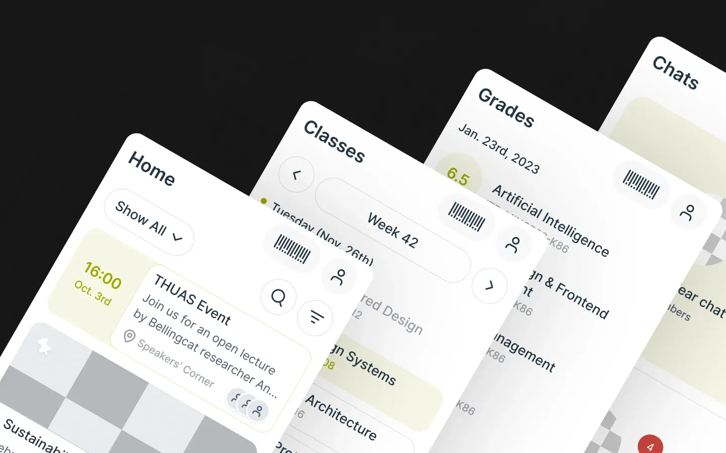 Four screens: Home, Classes, Grades and Chats.