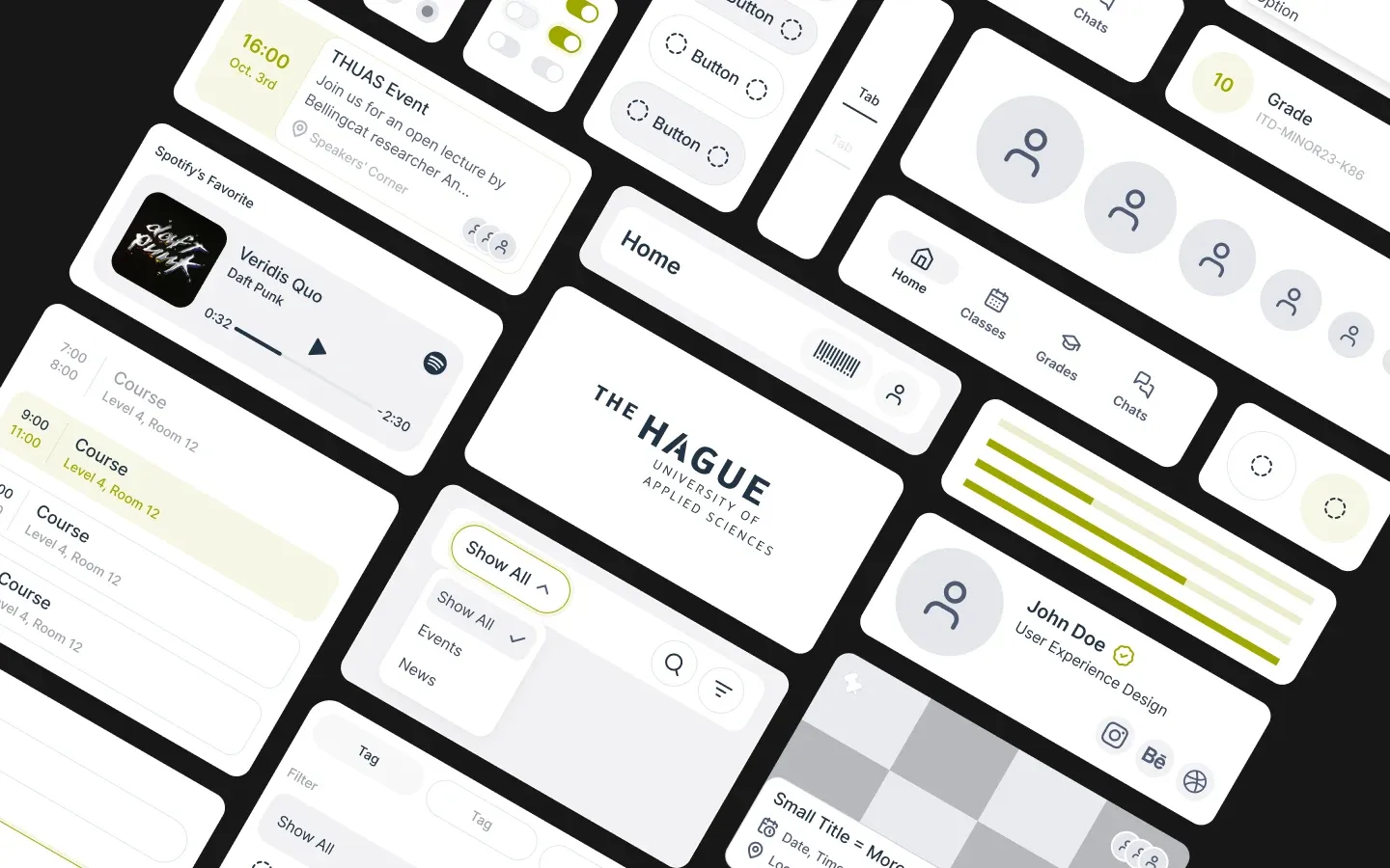Parts of the design system: event cards, schedule rows, buttons, tabs, the navigation bar, a profile card and the university logo.